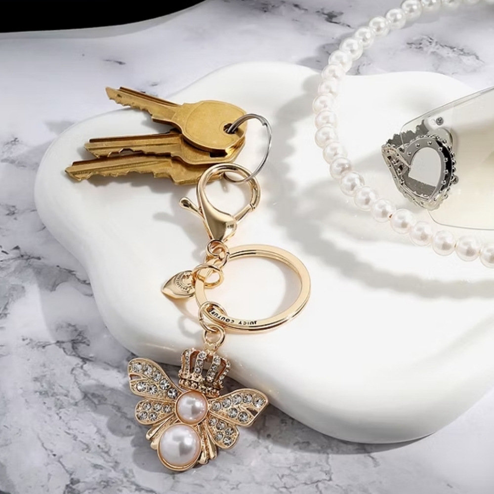 Juicy Couture Gold Queen Bee Keychain Bag Charm with Pearls